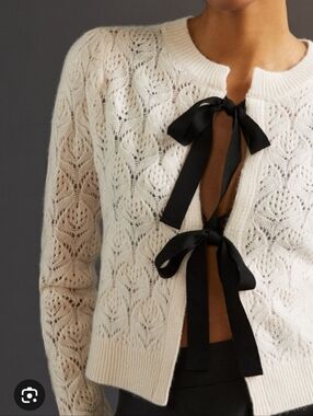 Maeve Cream Pointelle Knit Cardigan with Black Bow Ties